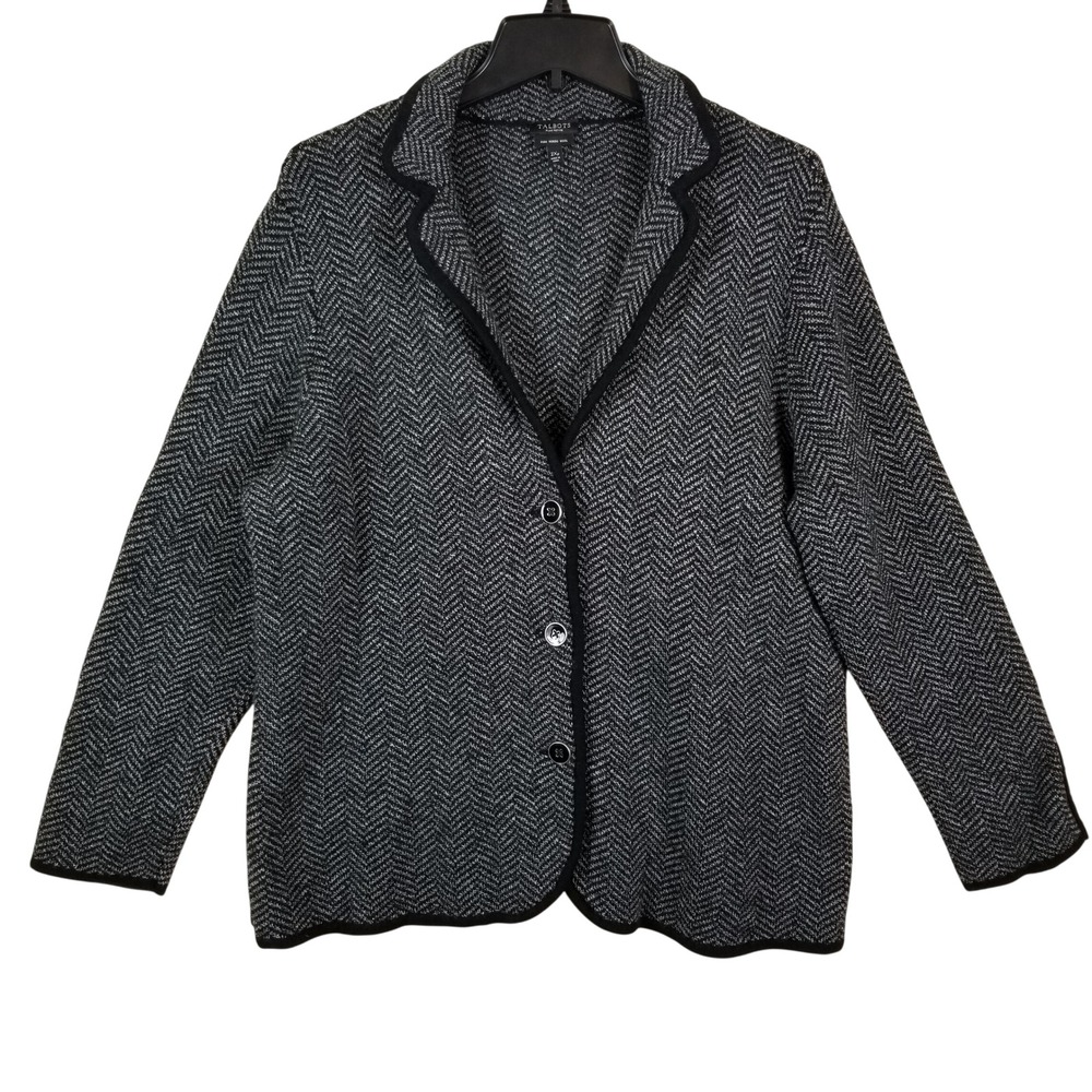 Talbots Plus Petite Merino Wool Herringbone Blazer Cardigan Black White 2XP